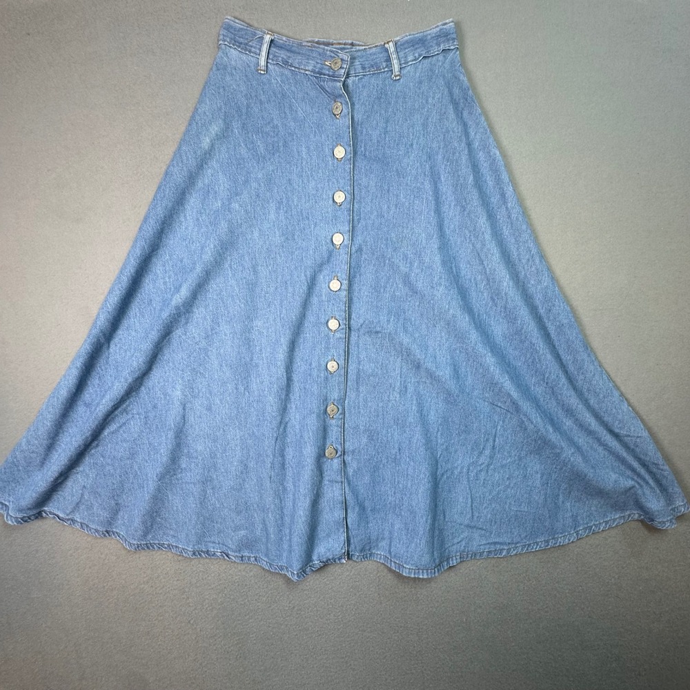 ❌SOLD❌Vintage Blue Denim Button Front Midi Skirt A-Line Cottagecore 14 Med‎ Wash
